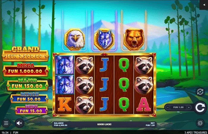3 Apex Treasures - Écran de jeu principal avec des rouleaux 5x3